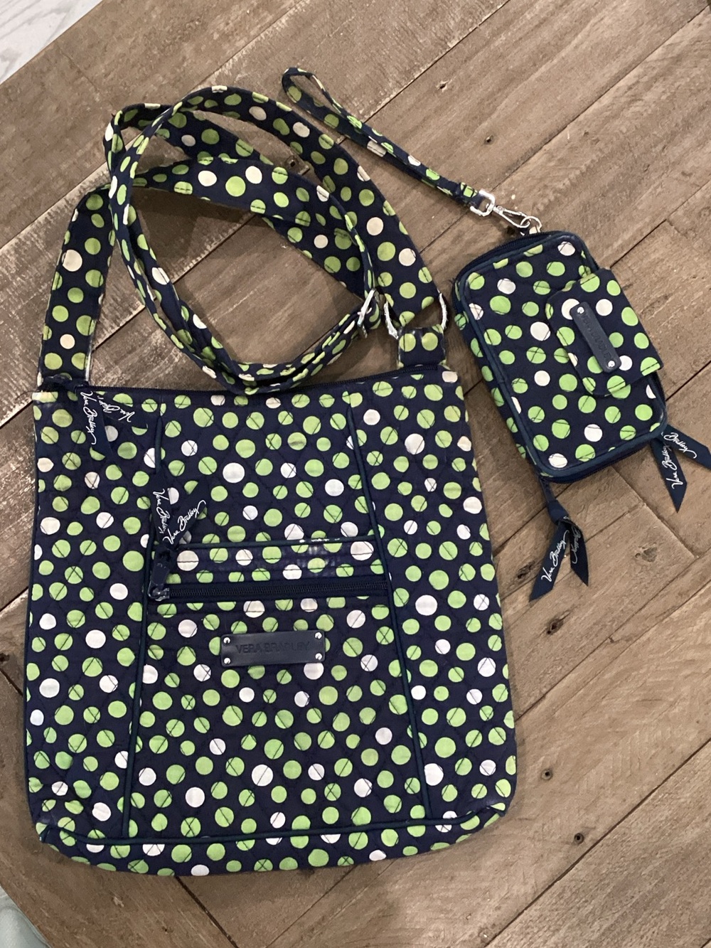 Vera Bradley Navy Green Polka Dot Crossbody Bag with Zip Pouch
